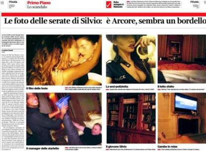 Página del diario italiano <i>L'Unitá,</i> con imágenes de las fiestas de Berlusconi tomadas por algunas de las asistentes.