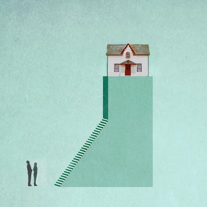 Illustration of two people looking at inaccessible house