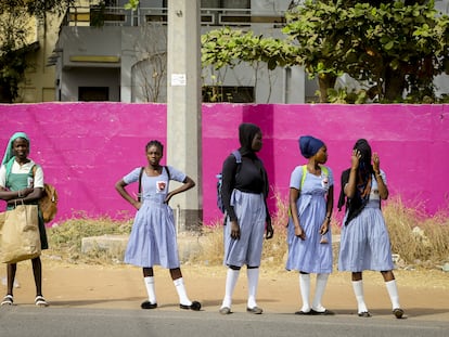 Girls in school uniforms in Banjul, Gambia; January 2020.