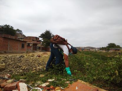 Un voluntario de la organización religiosa Toca de Asís participa en las labores de limpieza de las zonas afectadas por el terremoto en la ciudad de Manta.