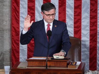 Newly elected U.S. House Speaker Mike Johnson speaks after his election at the U.S. Capitol in Washington, DC, on October 25, 2023.