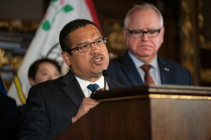 Minnesota Attorney General Keith Ellison speaks at a press conference at the State Capitol on Dec. 4, 2019, in St. Paul