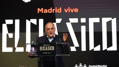 El presidente de la LaLiga, Javier Tebas, participa en el acto institucional #ElClásicoEnMadrid, de cara al duelo de este domingo.