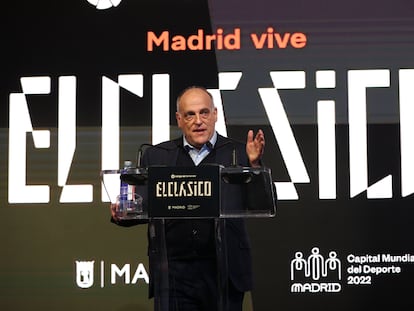 Javier Tebas, en el acto institucional previo al clásico de este domingo.