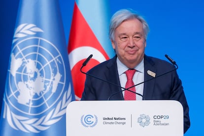 António Guterres, secretario general de la ONU, durante su intervención en la cumbre del clima de Bakú, capital de Azerbaiyán.