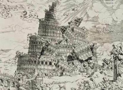 Grabado sobre la destrucción de la Torre de Babel, obra de Cornelisz Anthonisz Teunissen. 1547. Biblioteca Real de Bélgica.