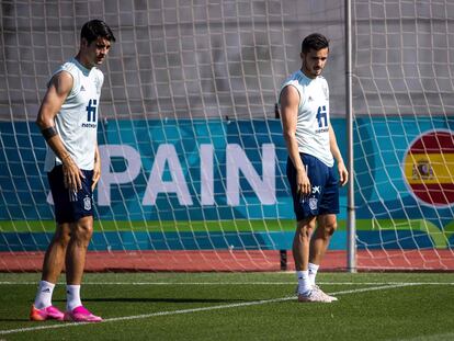 Morata (izquierda) y Sarabia, este jueves en un entrenamiento en la Ciudad del Fútbol de Las Rozas.