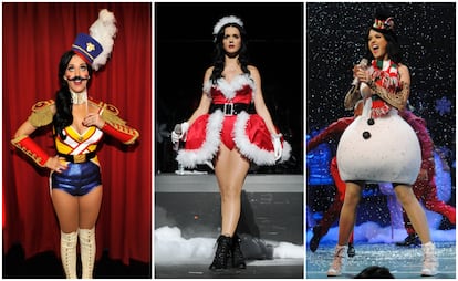 Katy Perry lució tres 'looks' muy navideños para su actuación en el Y100 Jingle Ball, celebrado en el BankAtlantic Center de Sunrise (Florida), el 11 de diciembre de 2010.