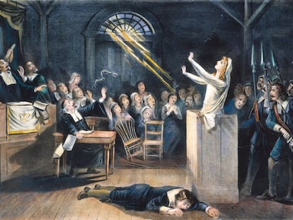 A witch trial at Salem, Massachusetts, in 1692: lithograph, 19th century.