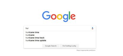 Antes de escribir "huracán" en la versión en inglés de Google, el buscador ya sabe que se trata de Irma.