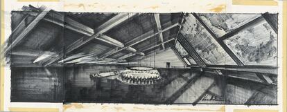 Sketch of the war room from the film 'Dr. Strangelove' by Stanley Kubrick.