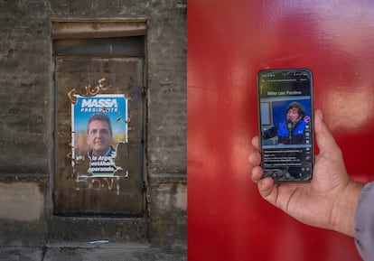 Una imagen de propaganda de Sergio Massa en Río Segundo. A la derecha, un seguidor de Milei muestra una entrevista en redes sociales.