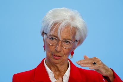 La presidenta del Banco Central Europeo, Christine Lagarde, durante la rueda de prensa de este miércoles en Fráncfort. 