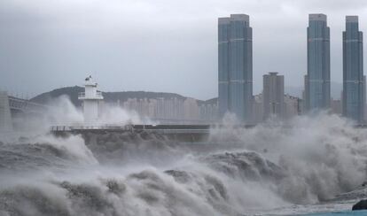 Las olas azotan la costa en la ciudad portuaria de Busan (Corea del Sur) tras el paso del tifón Haishen.