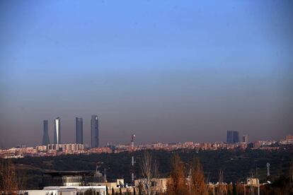 The Madrid skyline, visible through the smog.