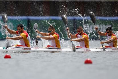 Saúl Craviotto, Marcus Walz, Carlos Arévalo y Rodrigo Germade en la final de K4-500 en la que han conseguido la medalla de plata.