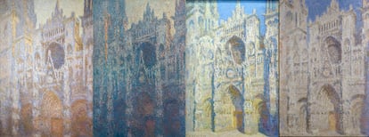 Cuatro cuadros de la serie de Monet dedicada a la Catedral de Rouen, que muestra la fachada del edificio a distintas horas del día.