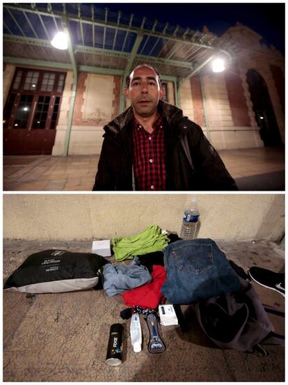 El libio Icham El Korati, 38 años, expande sus pertenencias en la estación de tren de Niza, al sureste de Francia. Icham fue taxista y propietario de un café bar en Misrata, pero en marzo de 2011 abandonó su país debido a la guerra.