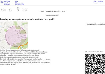 Un anuncio en busca de vientres de alquiler y donantes de óvulos.