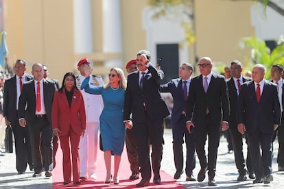 La vicepresidenta, Delcy Rodríguez; la primera dama, Cilia Flores; el presidente, Nicolás Maduro; el presidente de la Asamblea Nacional, Jorge Rodríguez, y el ministro de Relaciones Interiores, Justicia y Paz, Diosdado Cabello.