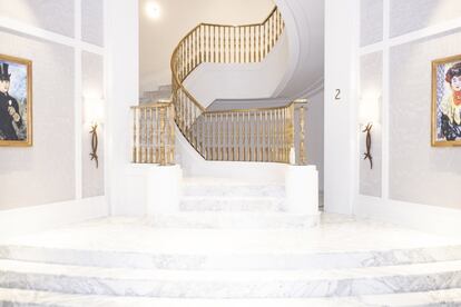 Unas escaleras conectan el recibidor del Hotel Four Seasons con las habitaciones, tras recorrer kilómetros de pasillos decorados con obras de arte de jóvenes artistas españoles. Muchos clientes se interesan por comprarlas. No están a la venta.
