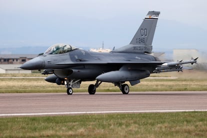 A F-16 Fighting Falcon from Colorado Air National Guard's 140th Wing takes off from Buckley Air Force Base as part of a second flyover to salute COVID-19 front-line workers May 15, 2020, in Aurora, Colo.