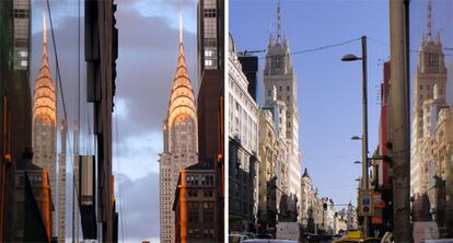 A la izquierda, el edificio Chrysler de Nueva York. A la derecha, el edificio de telefónica, en Madrid.