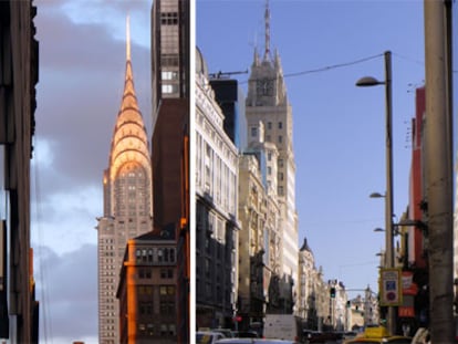 A la izquierda, el edificio Chrysler de Nueva York. A la derecha, el edificio de telefónica, en Madrid.