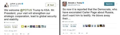 Dos tuits escritos por el rey Salmán y Donald Trump.