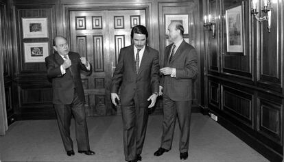 Pujol, Aznar i Duran al pacte del Majestic, el 1996.