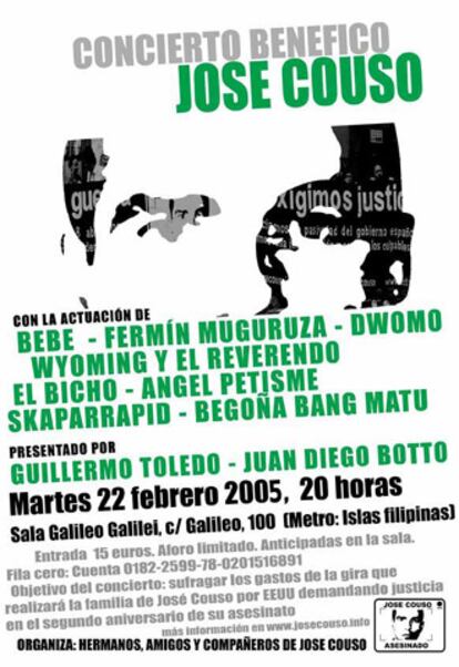 Cartel del concierto, en el que actuarán Bebe, Fermín Muguruza, Gran Wyoming y El Bicho, entre otros.