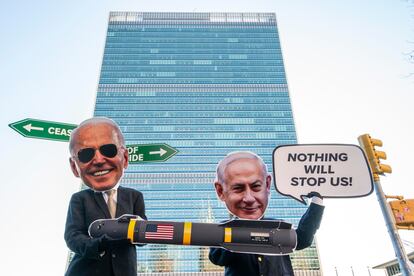 Campaigners from Avaaz stage a protest outside the UN before a United Nations Security Council vote on a US-proposed draft resolution, which calls for a temporary ceasefire in Gaza, at United Nations headquarters in New York, New York, USA, 20 February 2024.