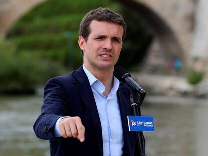 El presidente del PP, Pablo Casado, en Zaragoza, el pasado 10 de mayo. 