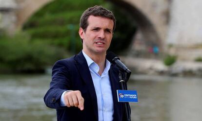 El presidente del PP, Pablo Casado, en Zaragoza, el pasado 10 de mayo. 