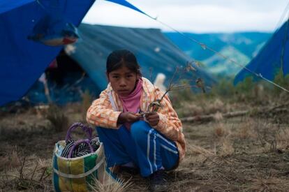 Después de un año de que la tormenta Manuel (septiembre de 2013) y el huracán Ingrid azotaran el estado de Guerrero, las comunidades indígenas de la Montaña se mantienen en situación de alto riesgo, especialmente por la falta de un programa integral de reconstrucción para la región y por estado de pobreza extrema en que viven. Este es uno de los campamentos de desplazados en La Lucerna, municipio de Malinaltepec, que se montaron a finales de 2013 para acoger a los que perdieron su casa con Manuel.