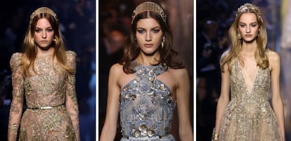 Vestidos con la cintura marcada con la ayuda de finos cinturones, cuerpos rebestidos de adornos y pronunciados escotes en 'V', señas de identidad de Elie Saab.