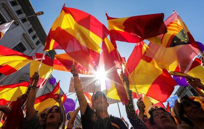 Manifestantes sostienen banderas durante la manifestación.