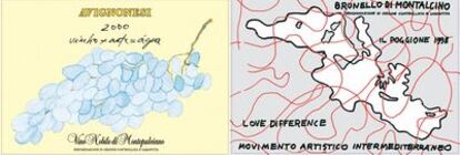 Etiquetas para vino diseñadas por Hamilton, Meireles y Pistoletto para la iniciativa Arte - Vino = Agua.