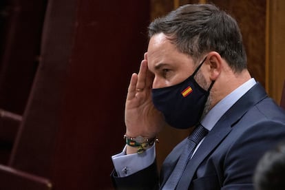 Santiago Abascal, presidente de Vox, durante el debate de su moción de censura, el pasado día 22 en el Congreso.