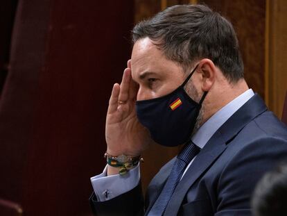 Santiago Abascal, presidente de Vox, durante el debate de su moción de censura, el pasado día 22 en el Congreso.