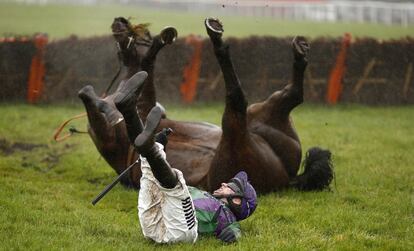 El jinete Tom O'Brien en el suelo junto con su caballo durante la Gala Ball en el hipódromo de Exeter (Reino Unido).