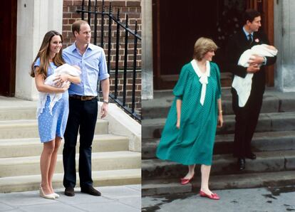 Los duques de Cambridge sujetan a su primer primogénito, que nació en 2013. A la derecha, Diana y Carlos de Inglaterra realizan el mismo gesto con Guillermo, en 1982. Salvando las diferencias estilísticas de cada época, ambas llevan un vestido de topos en azulón muy similar.