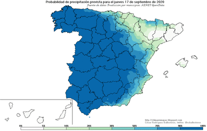 Los mapas de probabilidad de precipitación de jueves a lunes. CÉSAR RODRÍGUEZ BALLESTEROS / AEMET