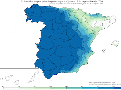 Los mapas de probabilidad de precipitación de jueves a lunes. CÉSAR RODRÍGUEZ BALLESTEROS / AEMET