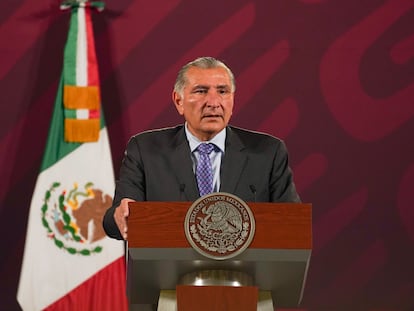 El secretario de Gobernación, Adán Augusto López, durante la conferencia matutina de Presidencia, este lunes.