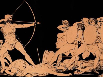 Ilustración de John Flaxman (1755–1826) de la muerte de los pretendientes de Penélope a manos de Odiseo (en latín, Ulises).