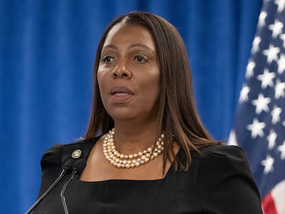 New York Attorney General Letitia James holds a press conference following a ruling against former U.S. President Donald Trump in New York City, February 16, 2024.