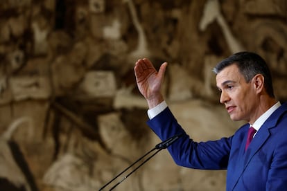 El presidente de Gobierno, Pedro Sánchez, durante una conferencia de prensa en el Palacio de la Moncloa.