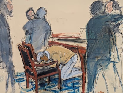 Un boceto realizado en la sala muestra a Sean Combs reaccionar, tapándose la cara sobre una silla, tras conocer su veredicto, y a sus abogados felicitándose.
