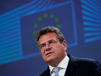 Maros Sefcovic, el vicepresidente de la Comisión Europea encargado del seguimiento de los acuerdos del Brexit, en una rueda de prensa el 30 de junio, en Bruselas.